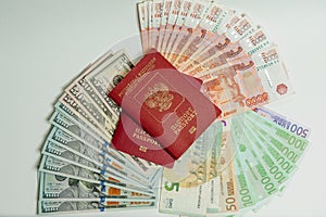 Passport and money. Travel expenses concept uncropped on white background.