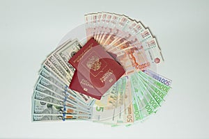 Passport and money. Travel expenses concept uncropped on white background.