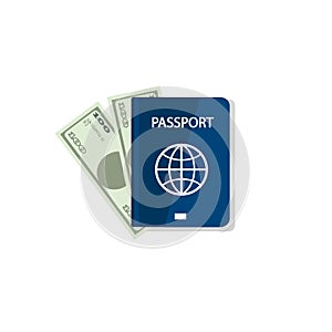 Passport and money. Vector illustration. Blank blue passport background on white background. Concept travel and tourism. Internati