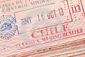 Passport page with Chile immigration control entry stamp. photo
