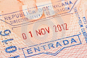 Passport page with Dominican Republic immigration control entry stamp.