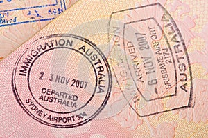 Passport page with the immigration control of Australia stamps.