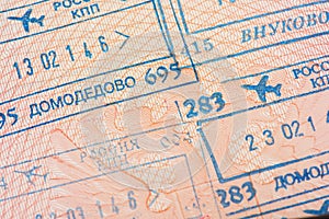 Passport page with the immigration control stamps of the Domodedovo and Vnukovo international airports in Moscow, Russia.