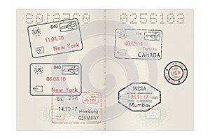 Passport pages with international stamps of USA, Germany, India and Canada cities. Arrival and departures with date
