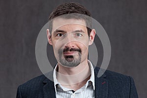 Passport photo of forties man with a goatee beard and mustache