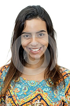 Passport photo of a laughing egyptian female young adult