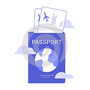 Passport and plane tickets. Airplane travel concept. Immigration.