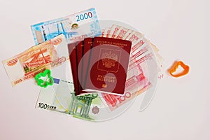 The passport of the Russian Federation. Biometric russian passports, rubles and euro and yuan for the trip