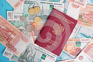 Passport with Russian money rubles