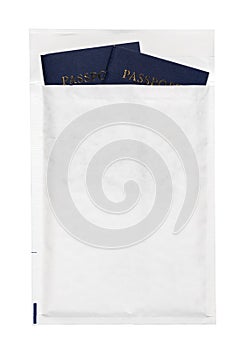 Passport spread in a white paper envelope, Travel concept.