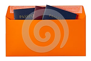 Passport spread in a white paper envelope, Travel concept.