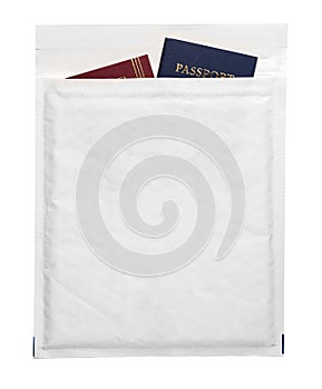 Passport spread in a white paper envelope, Travel concept.