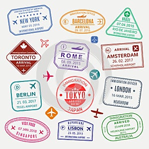 Passport stamp set. Different countries airport visa stamp. Custom control cachet. New York, Rome, Amsterdam, London, Barcelona
