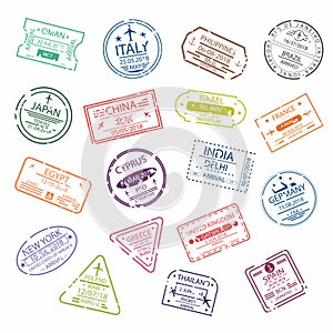 Passport stamp or visa signs for entry to the different countries. International Airport symbols