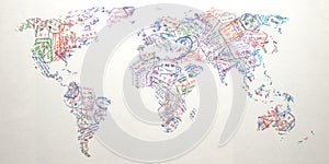 Passport stamps of different visa country in form of world map. Travel, tourism and immigration concept background