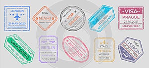 Passport stamps. International travel visa marking, business travel and immigration vintage labels. Vector airport stamp