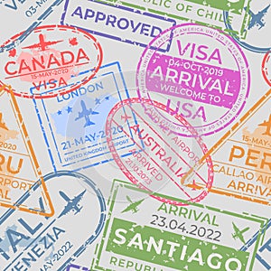 Passport stamps pattern. Seamless page with airport arrival and departure stamps, travel and immigration elements photo