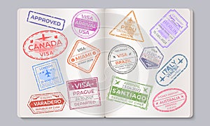 Passport stamps. Travel and immigration marks collection, arrival and departure airport stamps. Vector countries signs