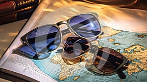 Passport with sunglasses and passport on a map background. travel concept on the map of Europe