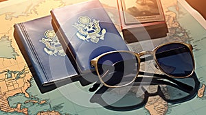 Passport with sunglasses and passport on a map background. travel concept on the map of Europe