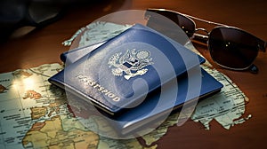 Passport with sunglasses and passport on a map background. travel concept on the map of Europe