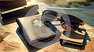 Passport with sunglasses and passport on a map background. travel concept on the map of Europe