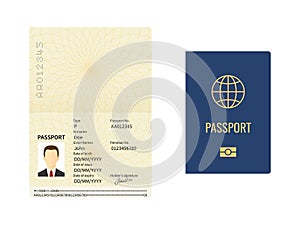 Passport template. Closed and open document for travel and immigration, identity pages with male photo, sample data and