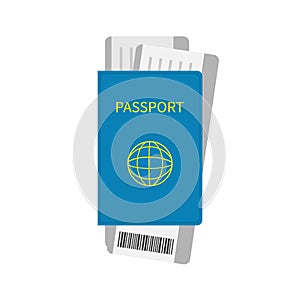 Passport and two air boarding pass ticket icon with barcode. Isolated. White background. Travel and Vacation consept. Flat design