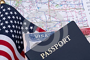 Passport with a US Visa against the background of the flag and map of the United States. The concept of travel and freedom of