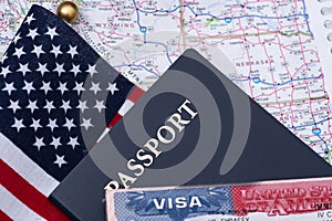 Passport with a US Visa against the background of the flag and map of the United States. The concept of travel and freedom of