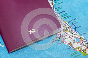 Passport usa map. Focus on Florida North American continent. Emigration, travel concept.Top view.closeup