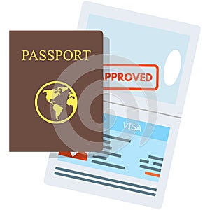 Passport and visa with approved stamp vector flat illustration