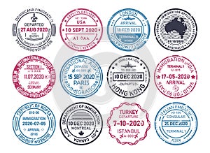 Passport visa stamps, airport immigration control vector