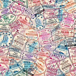 Passport visa stamps, seamless pattern. International and immigration office rubber stamps. Traveling concept