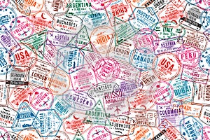 Passport visa stamps, seamless pattern. International and immigration office rubber stamps. Traveling and tourism concept