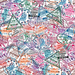 Passport visa stamps, seamless pattern. International and immigration office rubber stamps. Traveling concept