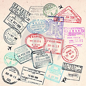 Passport visas stamps on sepia textured vintage travel collage background
