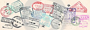 Passport visas stamps on sepia textured, vintage travel collage background photo