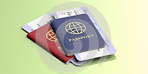 Passports and airplane tickets isolated on pastel green color background. 3d illustration