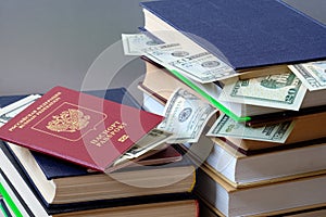 Passports and money next to books on a dark background