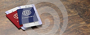 Passports and plane tickets on wood, banner, copy space. 3d illustration