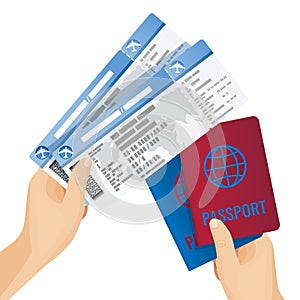 Passports and tickets to airplane in human hands vector illustration