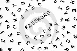 Password from black letters on a white background, English letters around, strong password