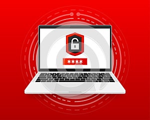 Password concept. Security technology window on screen computer. Red background. Vector illustration.