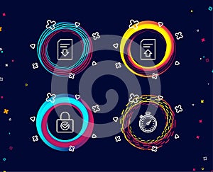Password encryption, Upload file and Download file icons. Timer sign.