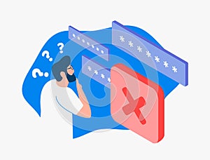 Password Error - Man forgets password or security key, login denied. Cybersecurity, IT industry, account protection concept. photo