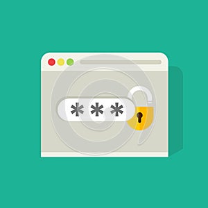 Password field with open lock in browser widow vector illustration, flat carton log in or sign in icon