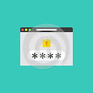 Password field with open lock in browser window vector illustration, log-in or sign in. Unlocked password bubble