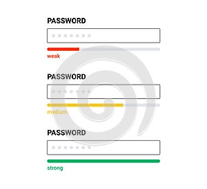 Password form template strong weak box. Password computer account screen code vector interface.