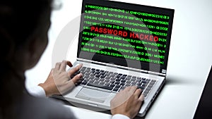 Password hacked on laptop computer, woman working office, cybercrime protection